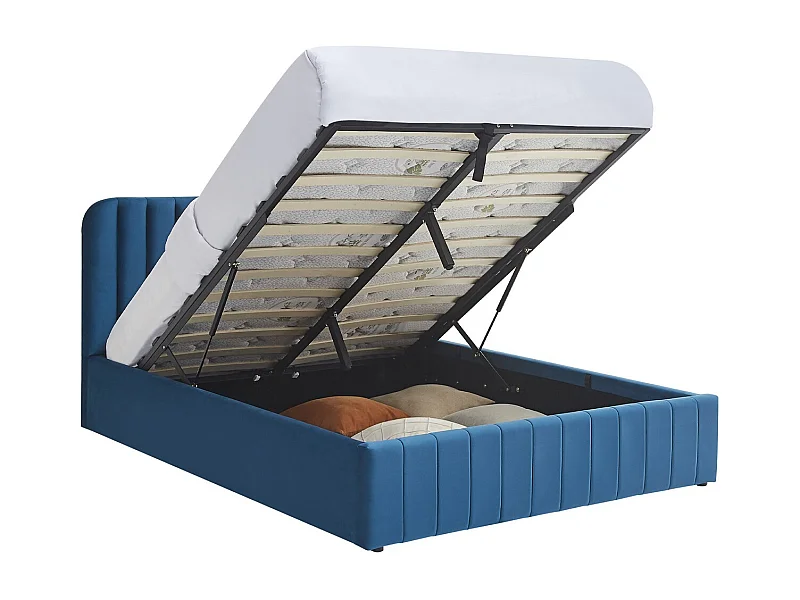 Lit coffre adulte 140x190 cm avec tête de lit capitonnée en velours bleu - Ava