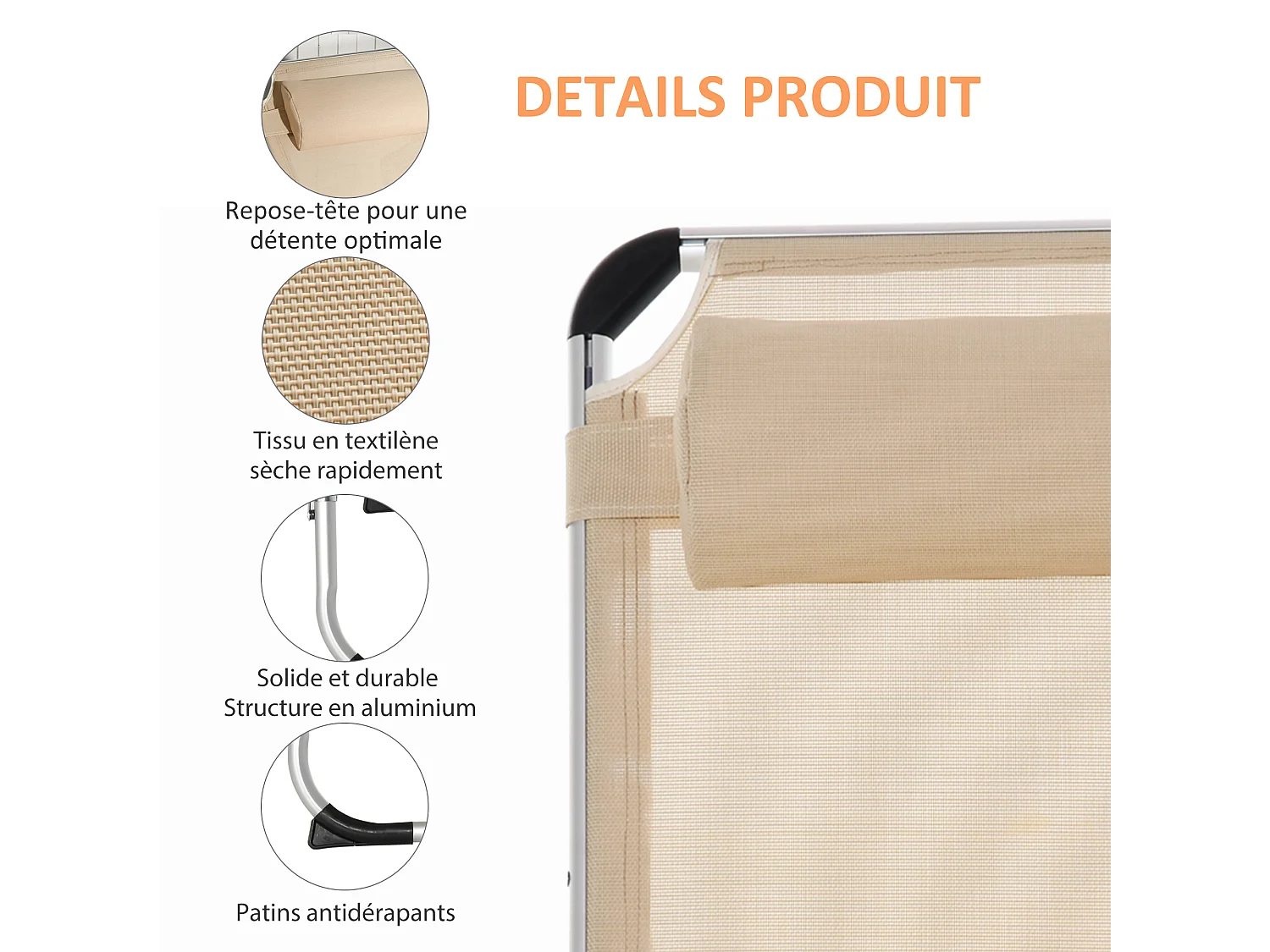 Bain de soleil transat pliable grand confort dossier réglable multi-position tétière alu. textilène beige