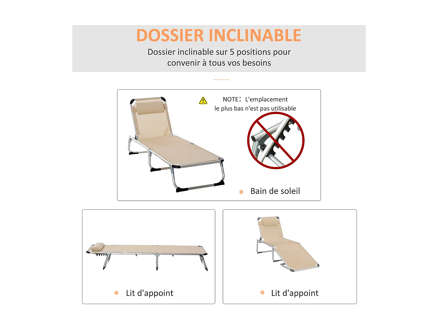 Bain de soleil transat pliable grand confort dossier réglable multi-position tétière alu. textilène beige