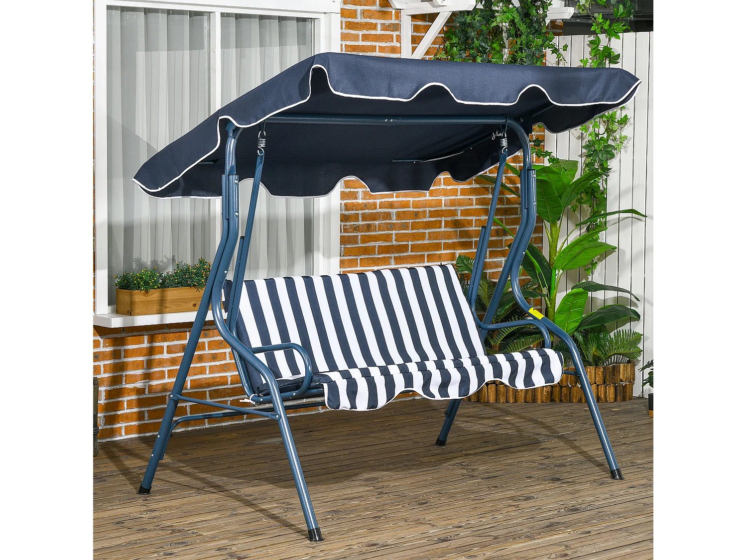 Balancelle de jardin 3 places coussins assise dossier bleu blanc rayé