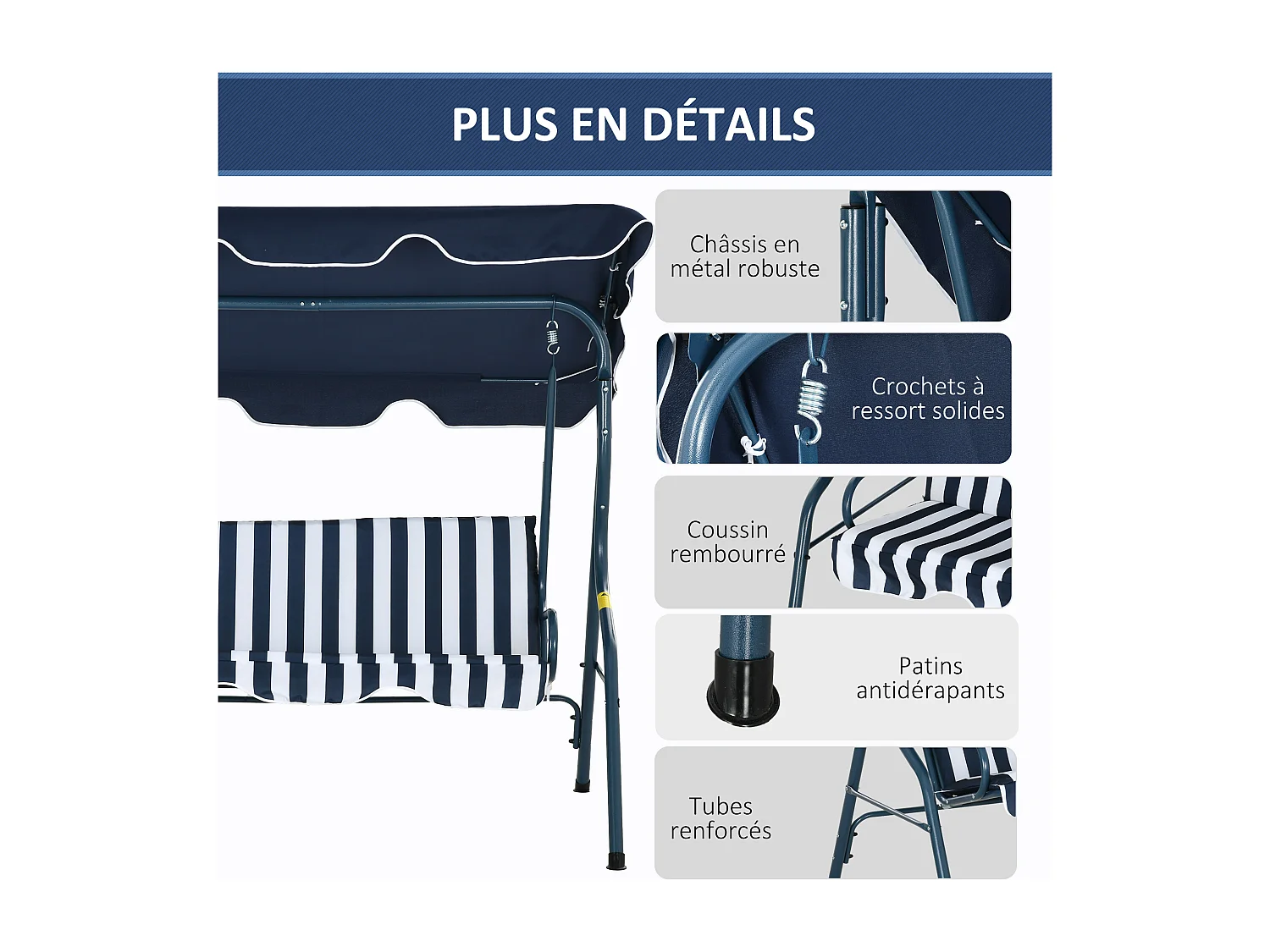 Balancelle de jardin 3 places coussins assise dossier bleu blanc rayé