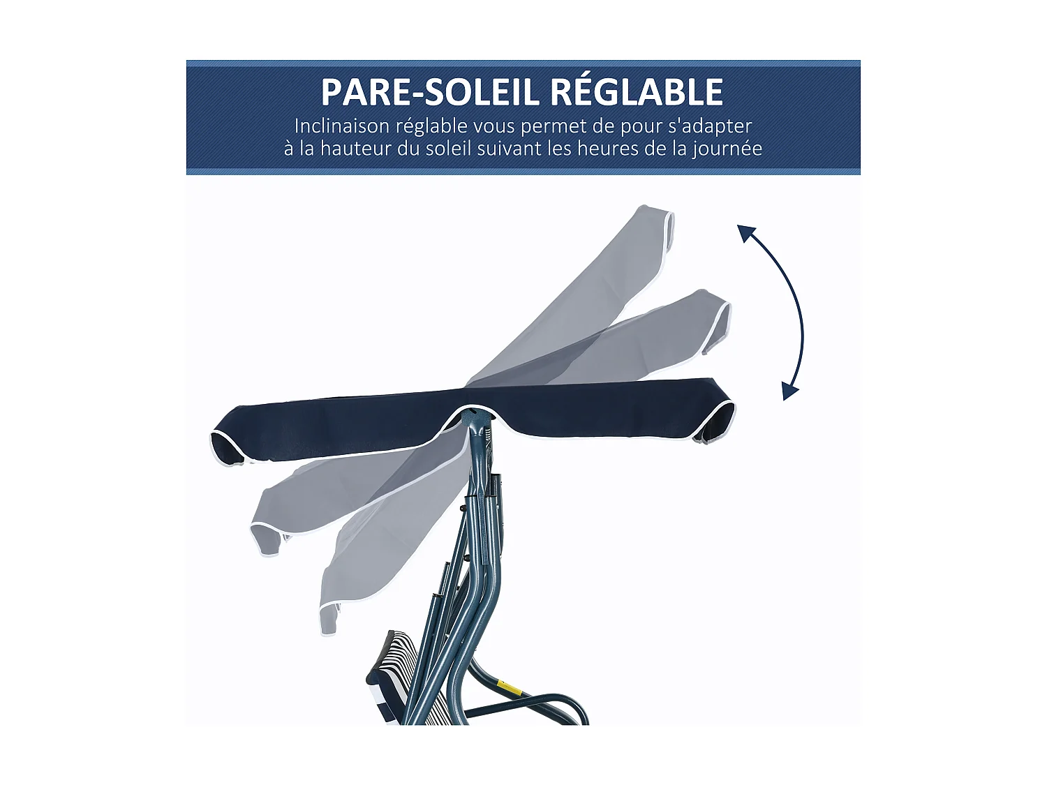 Balancelle de jardin 3 places coussins assise dossier bleu blanc rayé