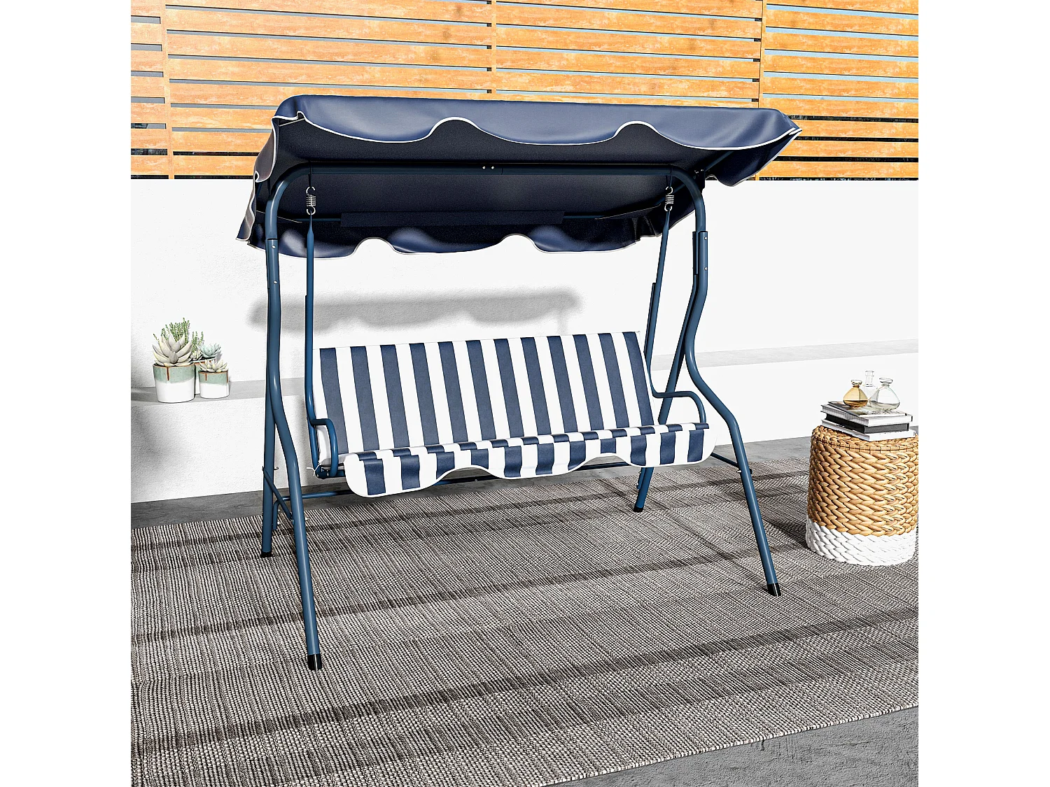 Balancelle de jardin 3 places coussins assise dossier bleu blanc rayé