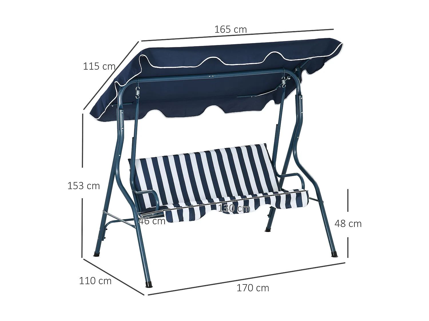 Balancelle de jardin 3 places coussins assise dossier bleu blanc rayé