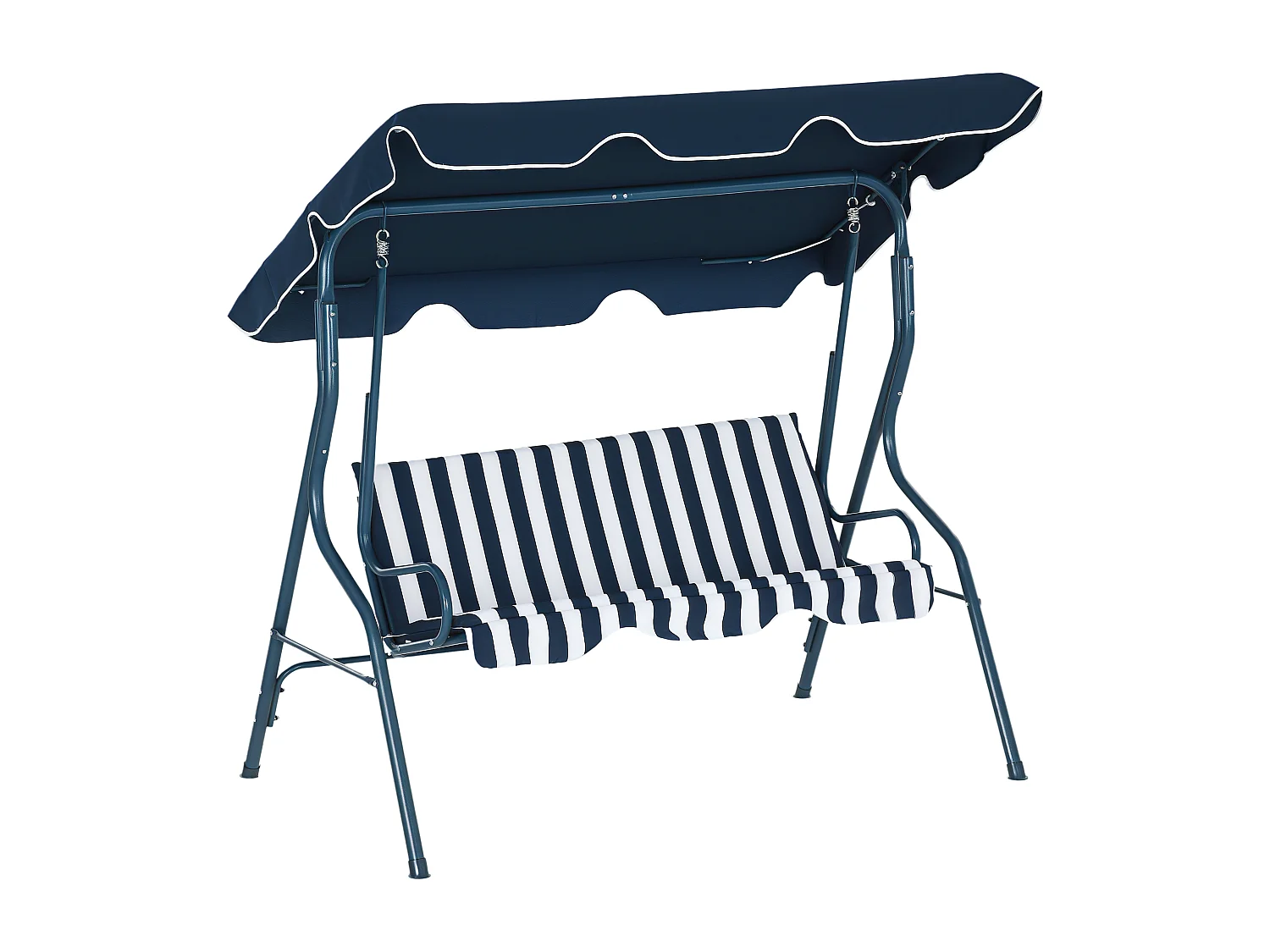 Balancelle de jardin 3 places coussins assise dossier bleu blanc rayé