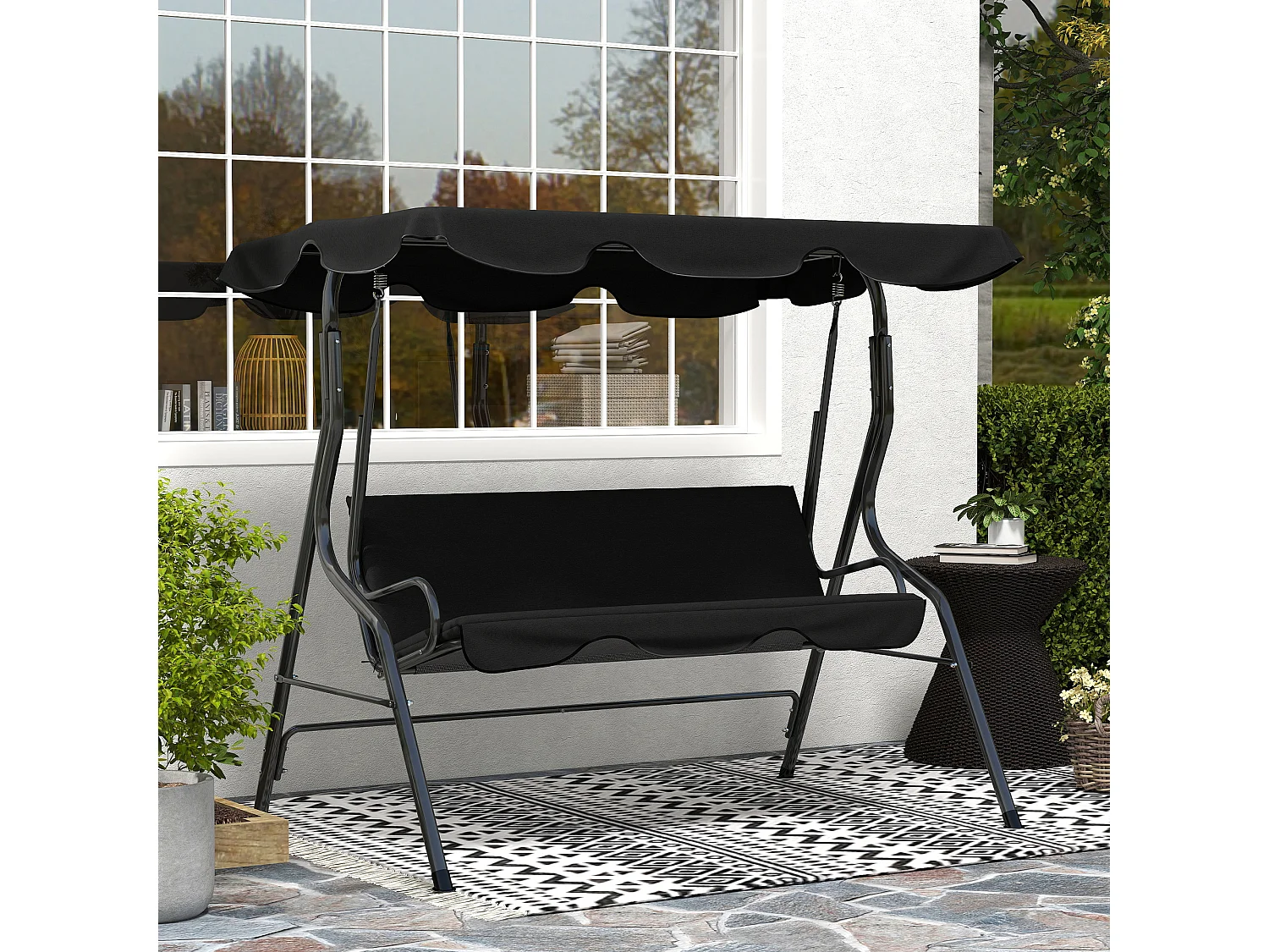 Balancelle de jardin 3 places coussins assise dossier noir