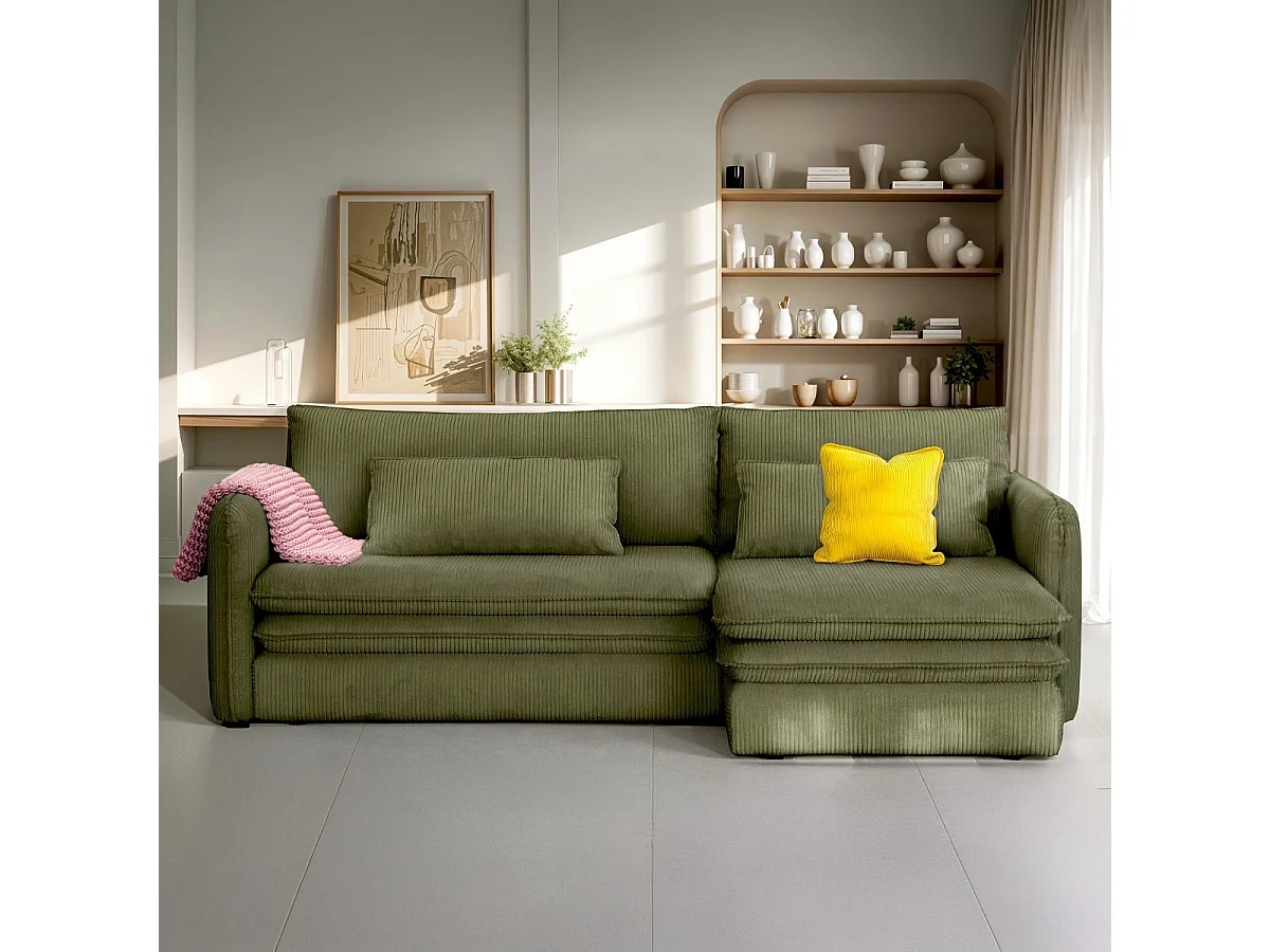 Canapé d'angle convertible réversible 3 places en velours côtelé vert kaki - Baya