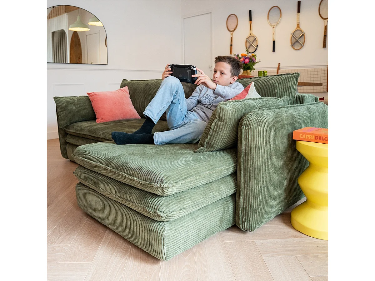 Canapé d'angle convertible réversible 3 places en velours côtelé vert kaki - Baya