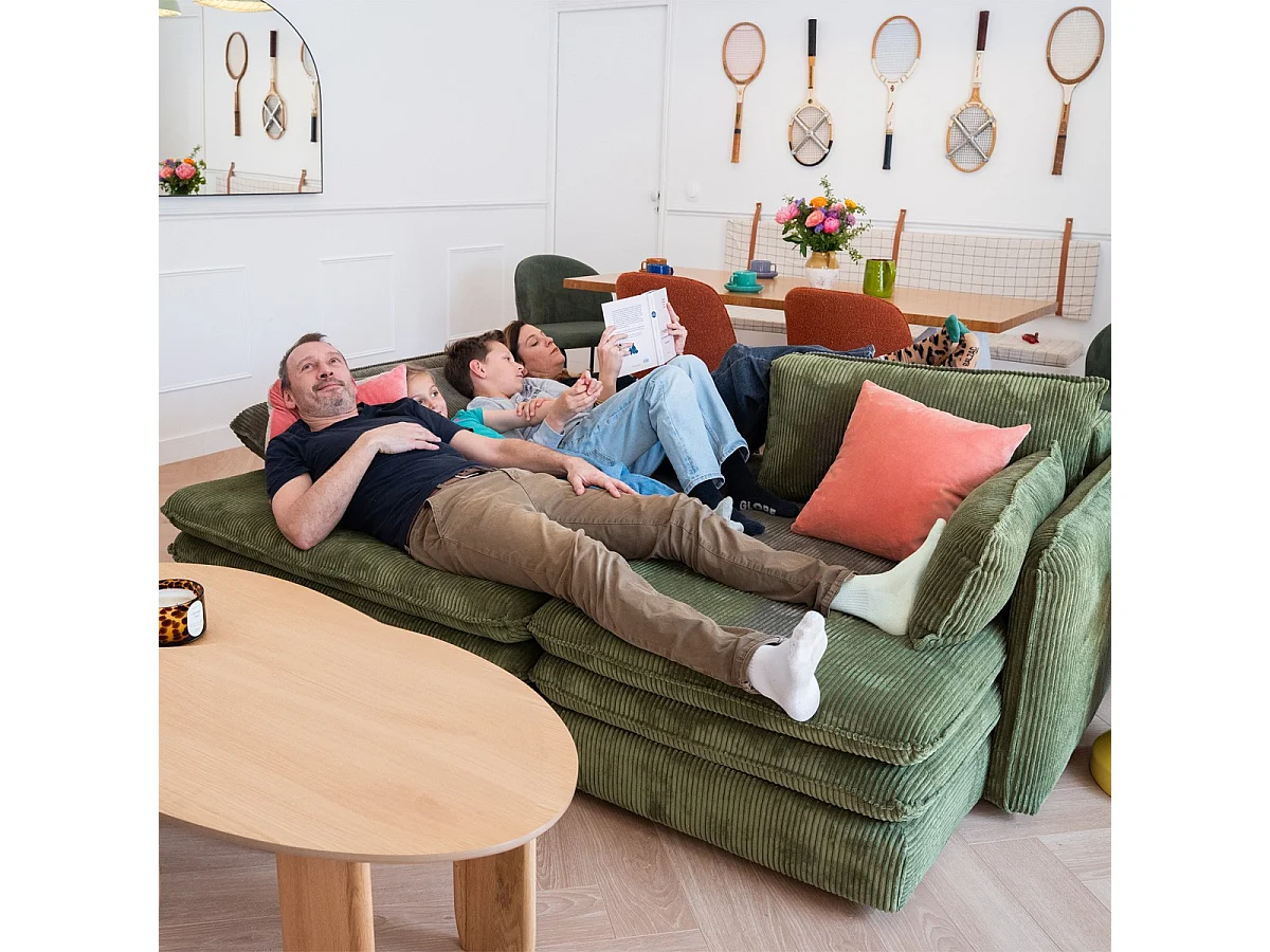 Canapé d'angle convertible réversible 3 places en velours côtelé vert kaki - Baya