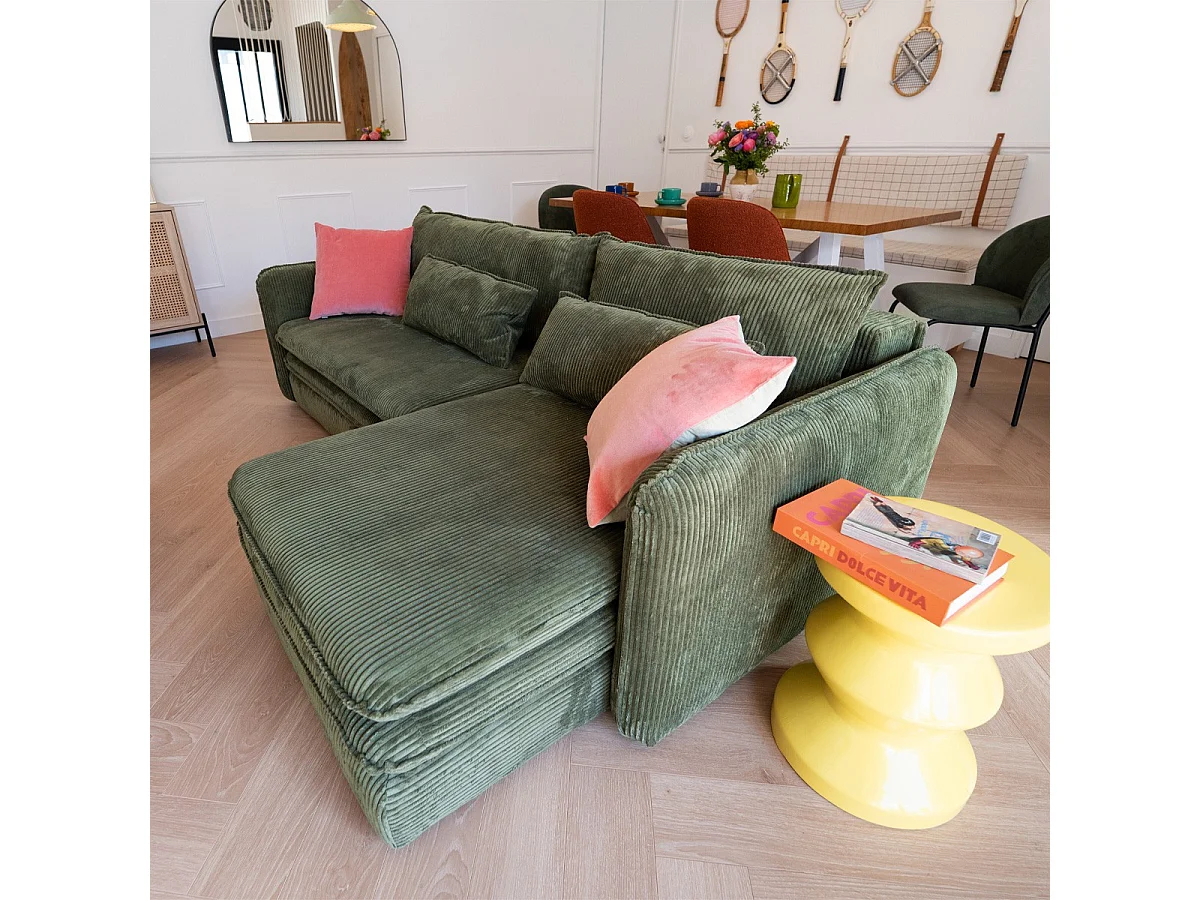 Canapé d'angle convertible réversible 3 places en velours côtelé vert kaki - Baya