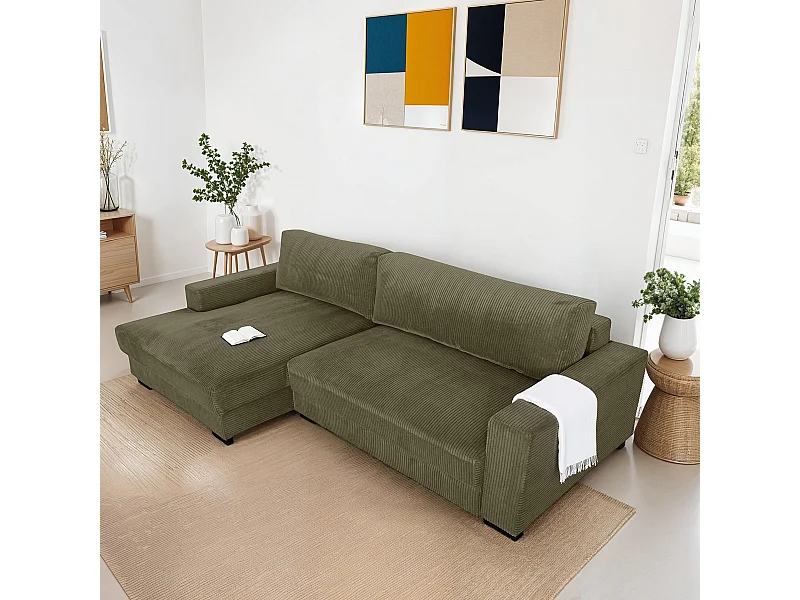 Canapé d'angle à gauche convertible 3 places en velours côtelé vert kaki - Arty