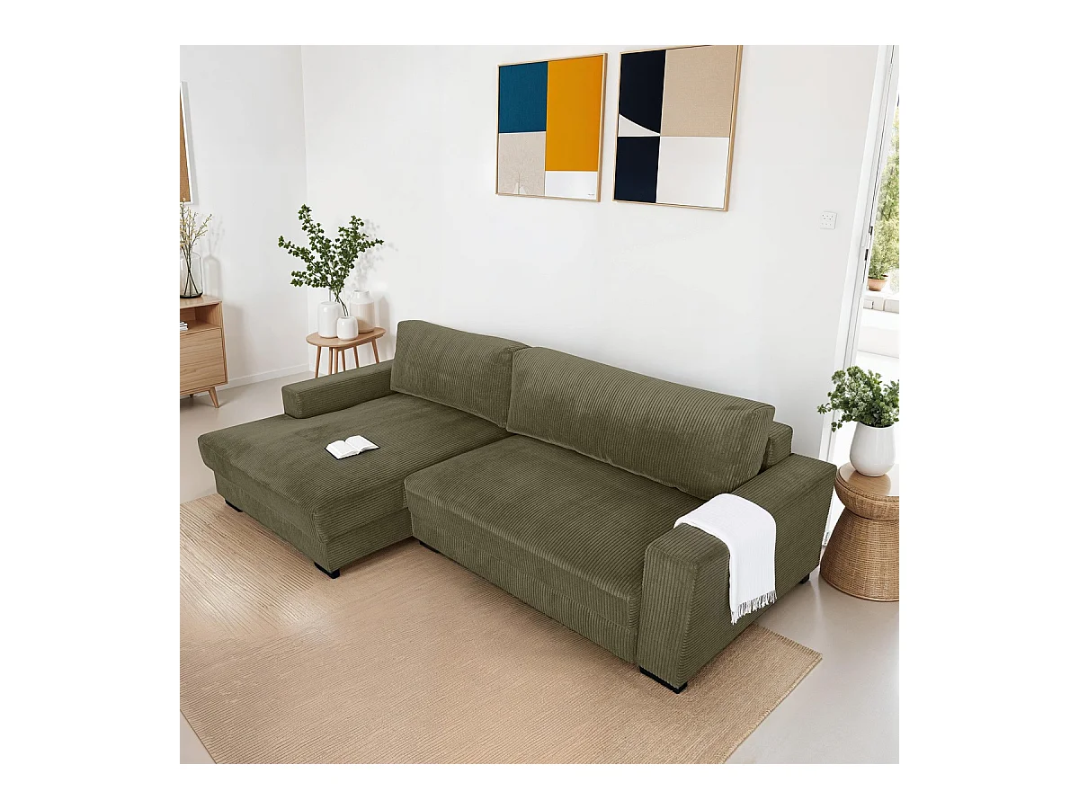 Canapé d'angle à gauche convertible 3 places en velours côtelé vert kaki - Arty