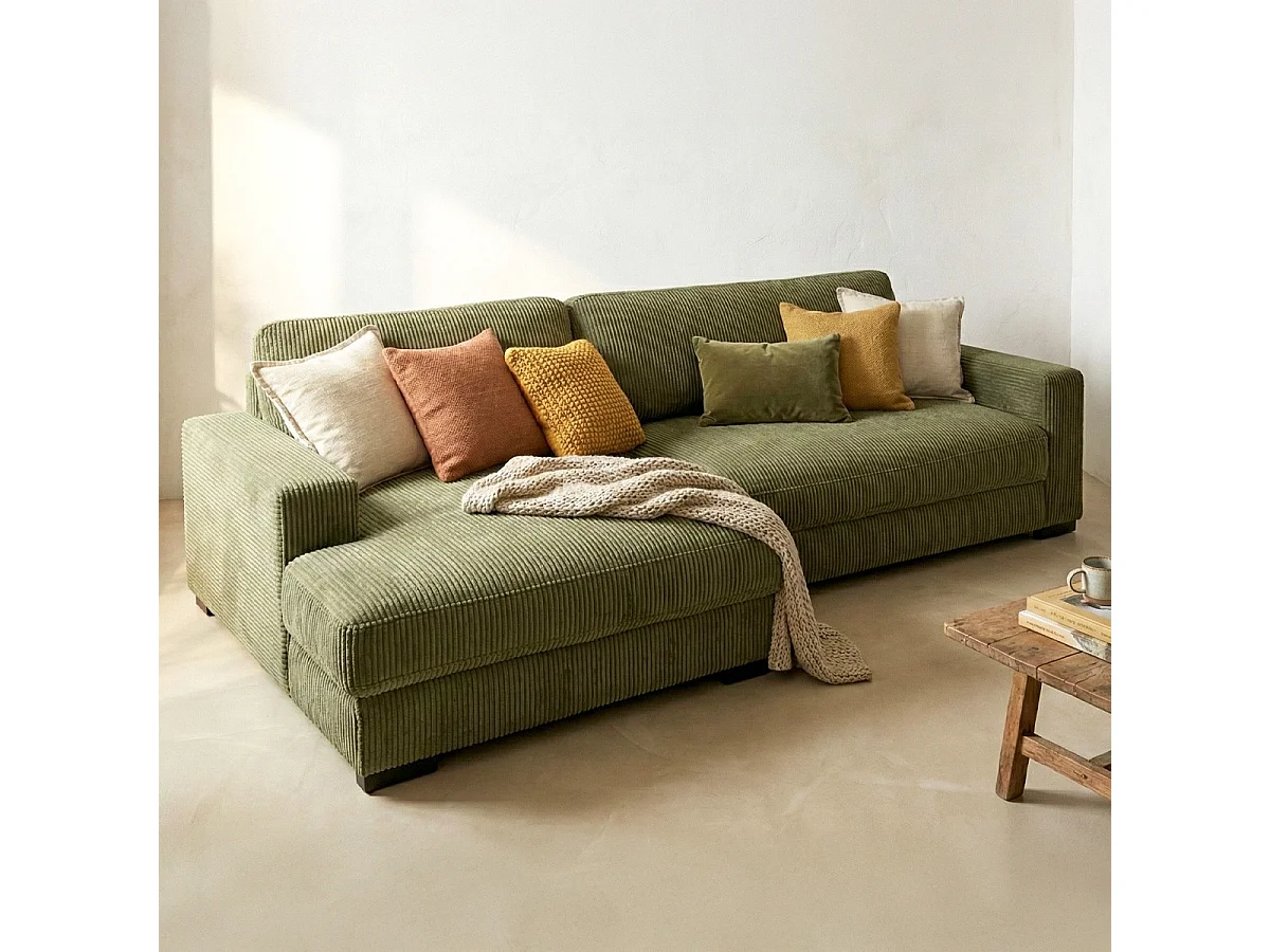 Canapé d'angle à gauche convertible 3 places en velours côtelé vert kaki - Arty