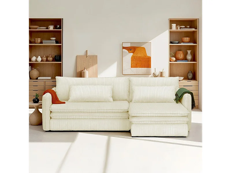 Canapé d'angle convertible réversible 3 places en velours côtelé beige - Baya