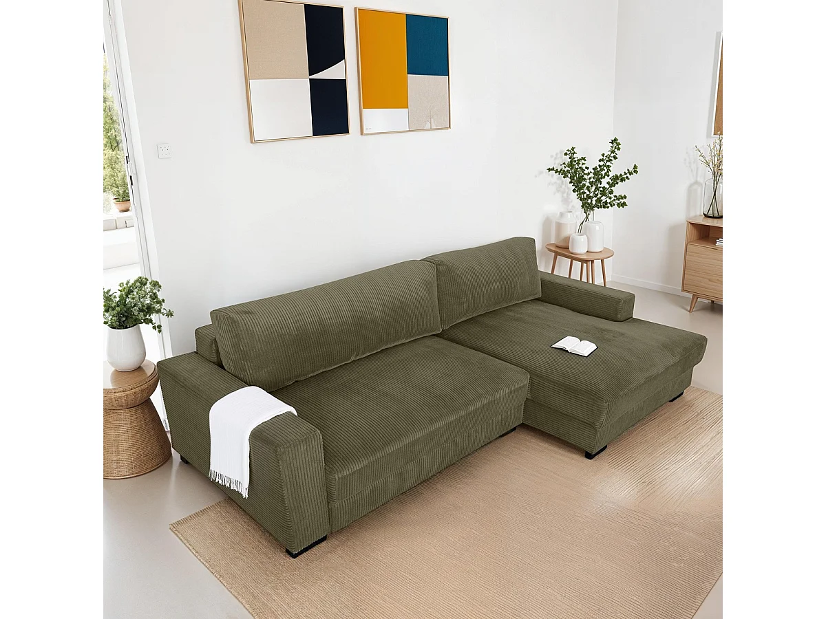 Canapé d'angle à droite convertible 3 places en velours côtelé vert kaki - Arty