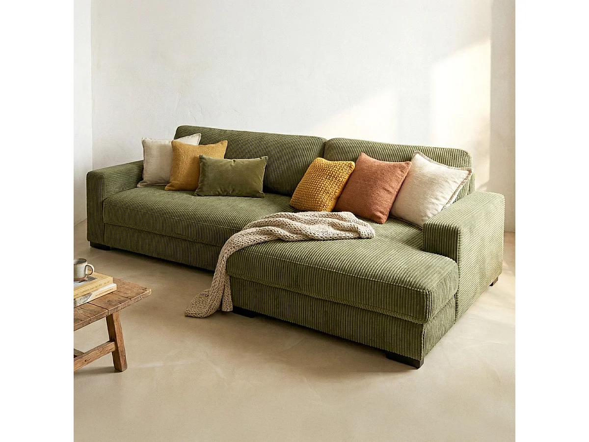 Canapé d'angle à droite convertible 3 places en velours côtelé vert kaki - Arty