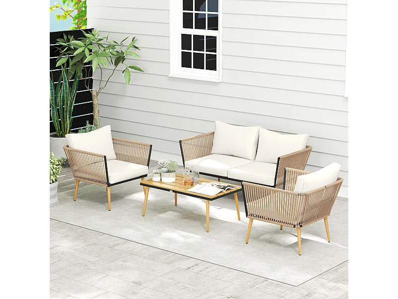 Salon de jardin 4 places 4 pièces design scandinave acier époxy résine filaire PE coussins inclus crème