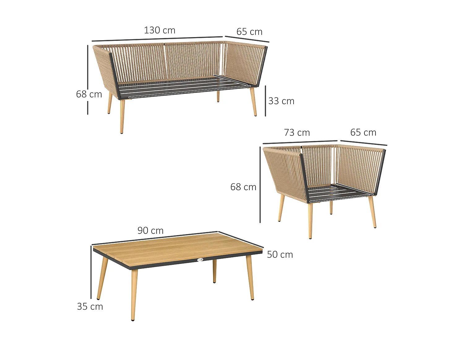 Salon de jardin 4 places 4 pièces design scandinave acier époxy résine filaire PE coussins inclus crème