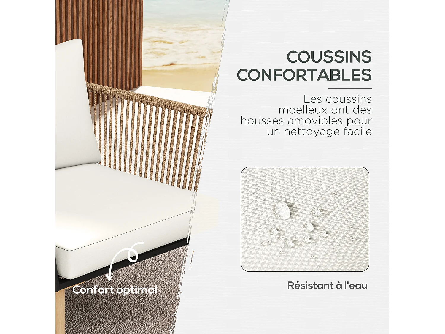 Salon de jardin 4 places 4 pièces design scandinave acier époxy résine filaire PE coussins inclus crème