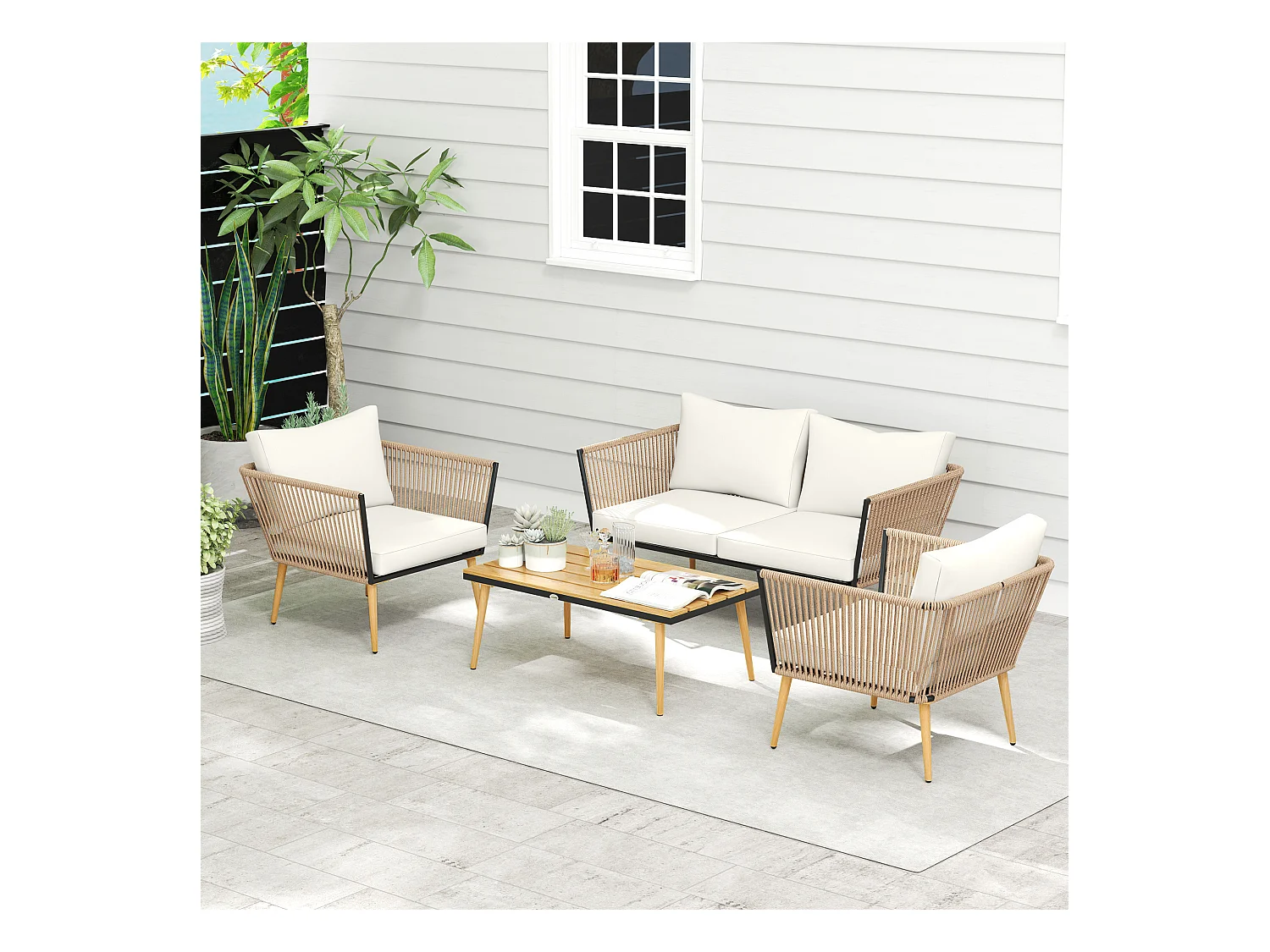 Salon de jardin 4 places 4 pièces design scandinave acier époxy résine filaire PE coussins inclus crème