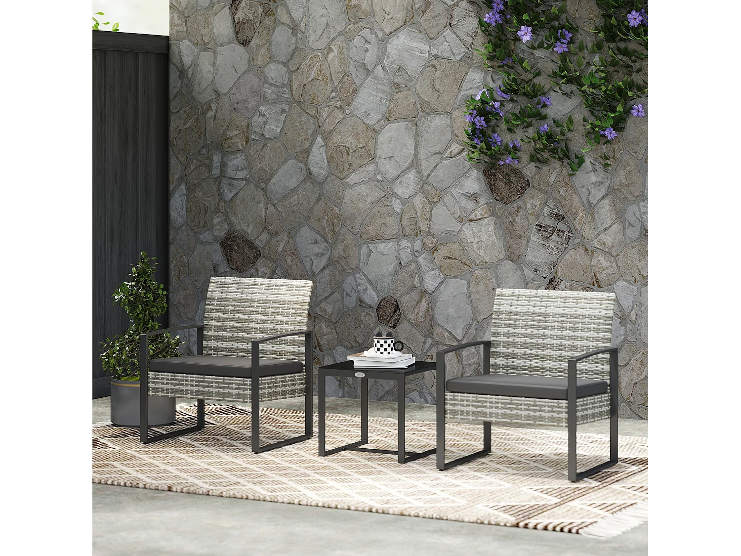 Salon de jardin 2 places 3 pièces 2 chaises avec coussins + table basse plateau verre trempé résine tressée aspect rotin gris