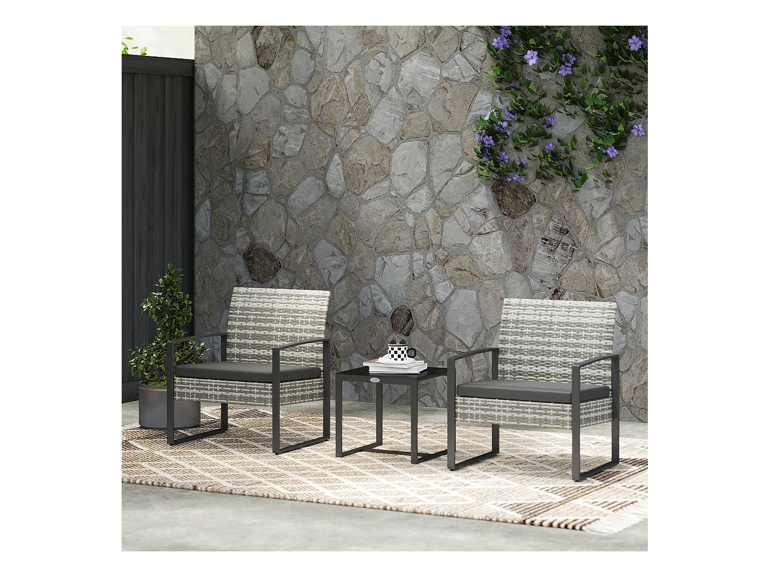 Salon de jardin 2 places 3 pièces 2 chaises avec coussins + table basse plateau verre trempé résine tressée aspect rotin gris