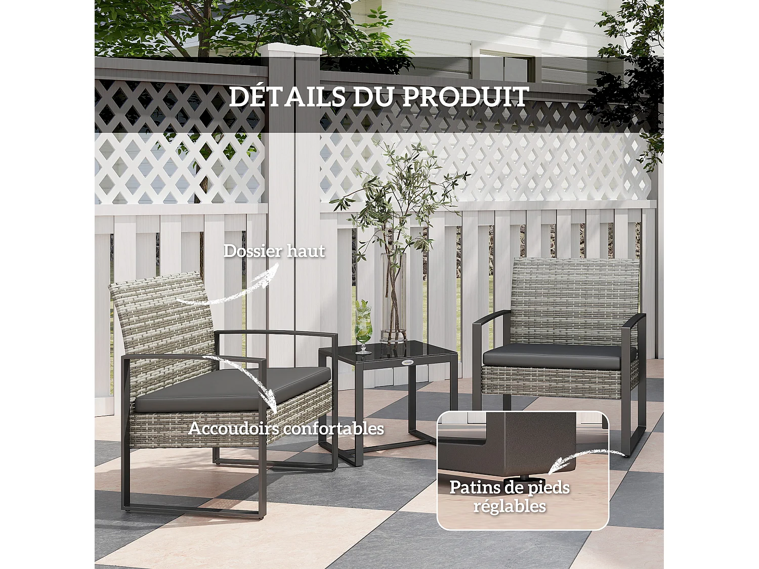 Salon de jardin 2 places 3 pièces 2 chaises avec coussins + table basse plateau verre trempé résine tressée aspect rotin gris