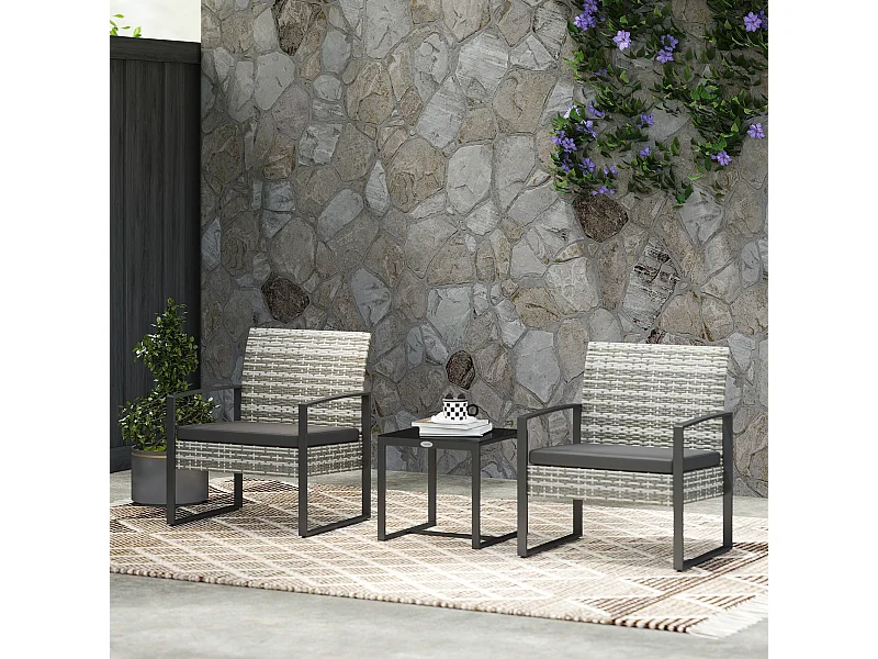 Salon de jardin 2 places 3 pièces 2 chaises avec coussins + table basse plateau verre trempé résine tressée aspect rotin gris