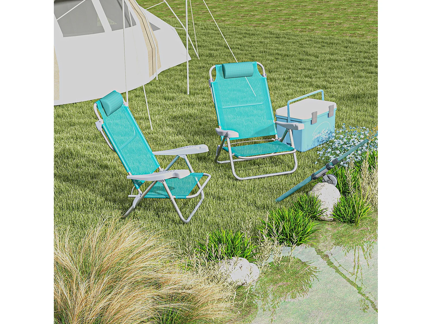 Lot de 2 chaises de jardin camping plage pliables tétière dossier inclinable 6 niv. alu. teslin gris