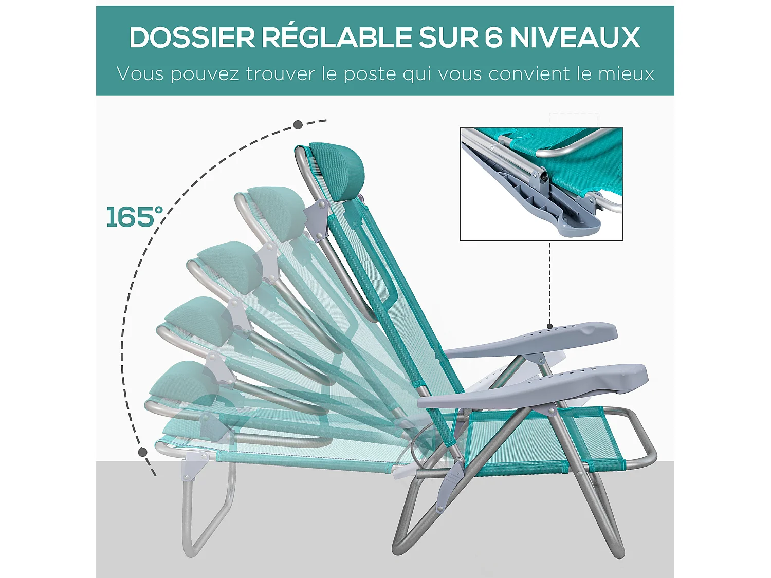 Lot de 2 chaises de jardin camping plage pliables tétière dossier inclinable 6 niv. alu. teslin gris