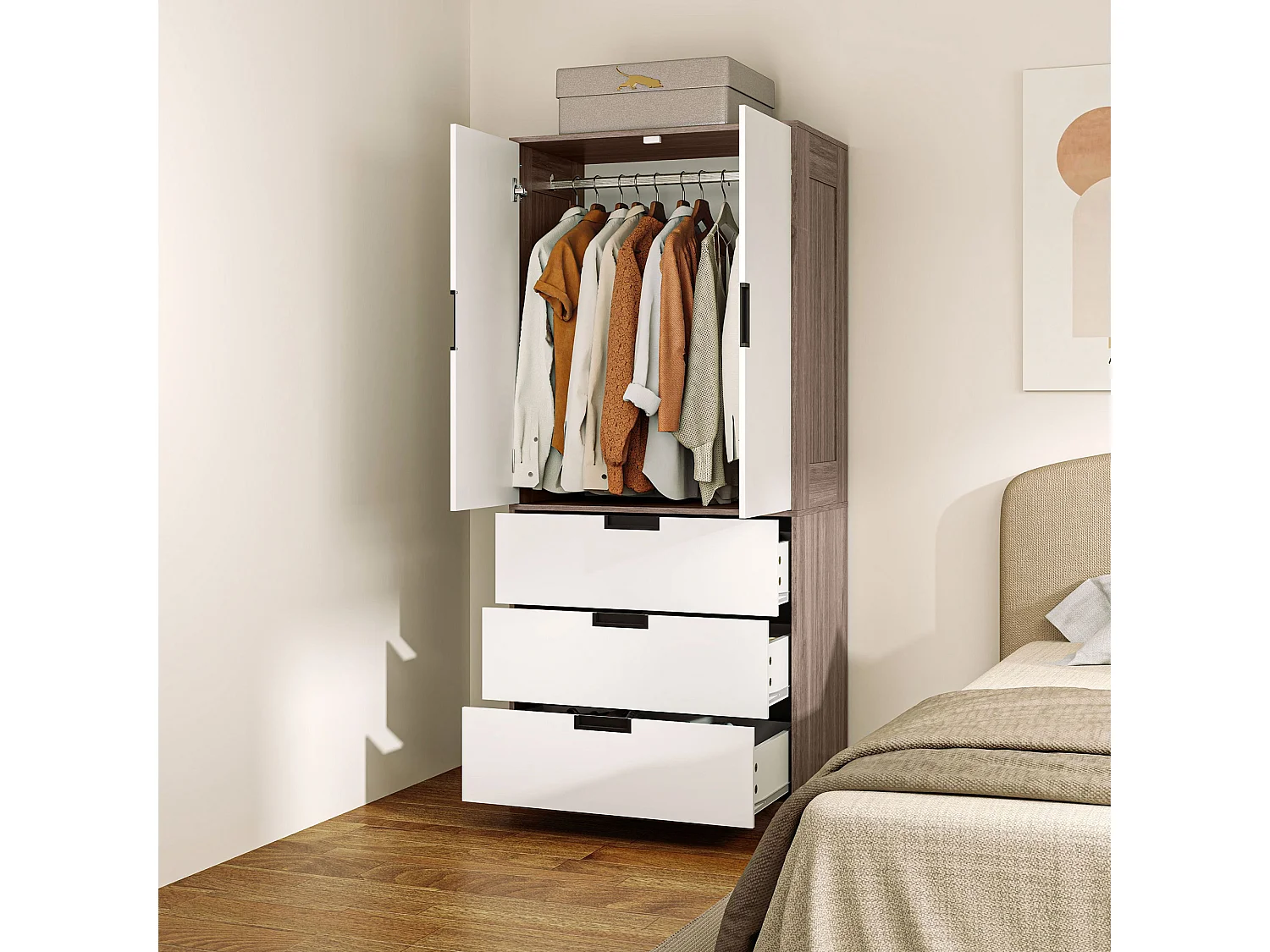 Armoire de chambre 2 portes - penderie, 3 tiroirs - 5 poignées modernes alliage alu - blanc effet bois