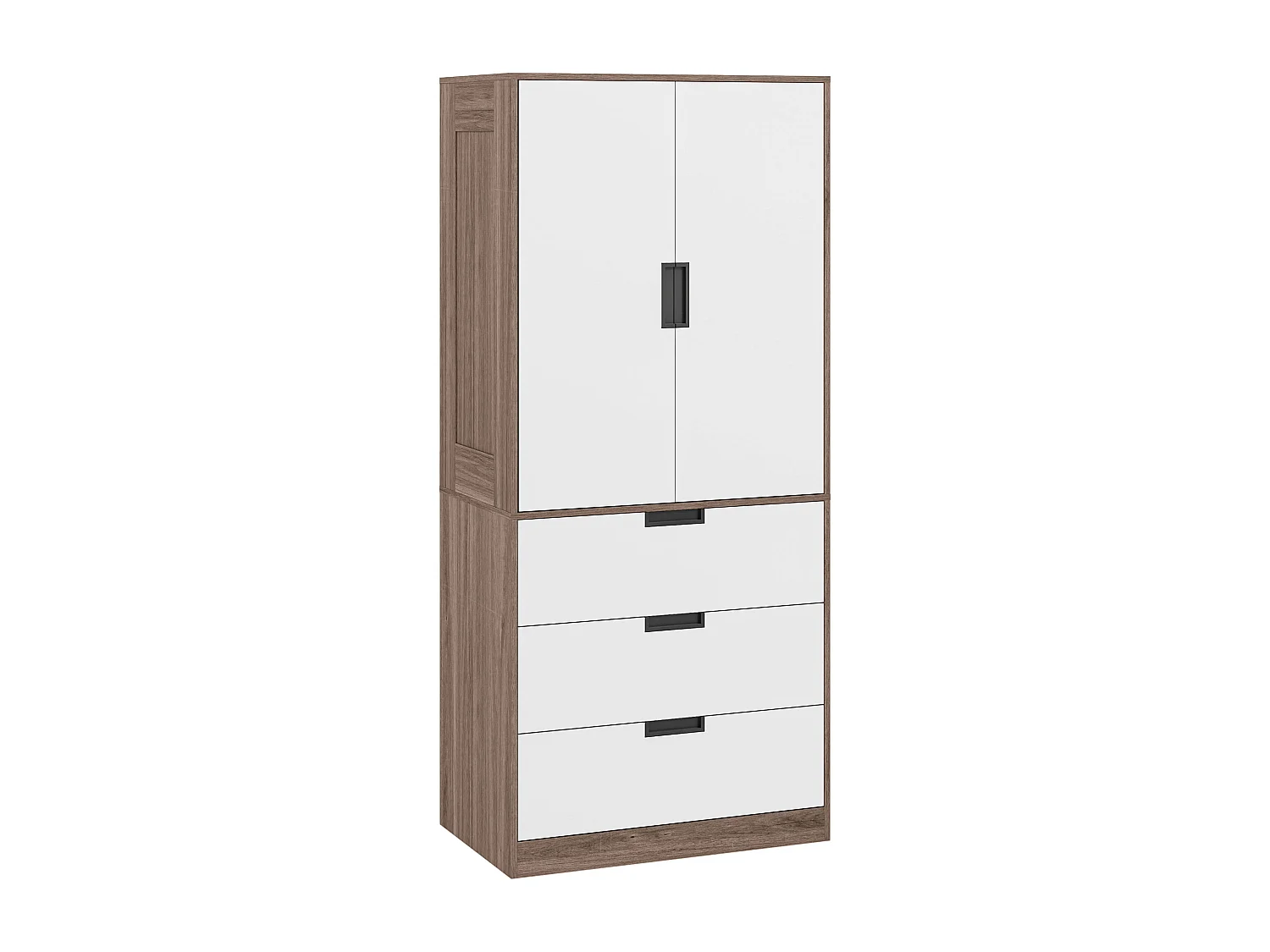 Armoire de chambre 2 portes - penderie, 3 tiroirs - 5 poignées modernes alliage alu - blanc effet bois