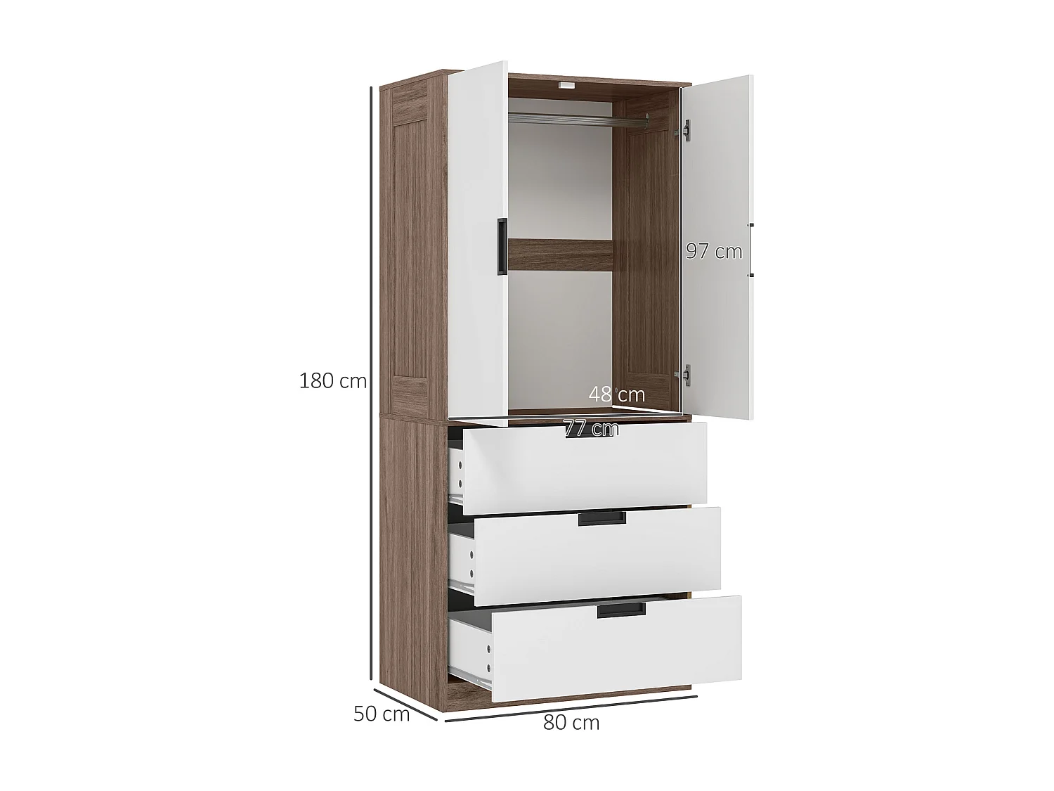 Armoire de chambre 2 portes - penderie, 3 tiroirs - 5 poignées modernes alliage alu - blanc effet bois