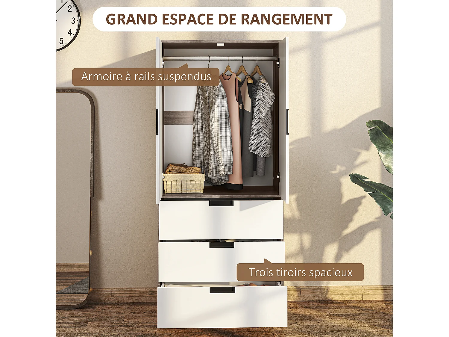Armoire de chambre 2 portes - penderie, 3 tiroirs - 5 poignées modernes alliage alu - blanc effet bois