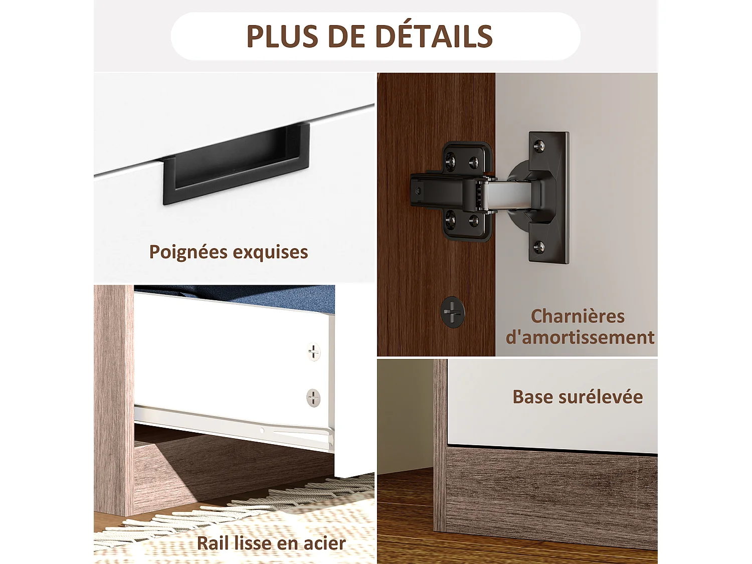 Armoire de chambre 2 portes - penderie, 3 tiroirs - 5 poignées modernes alliage alu - blanc effet bois