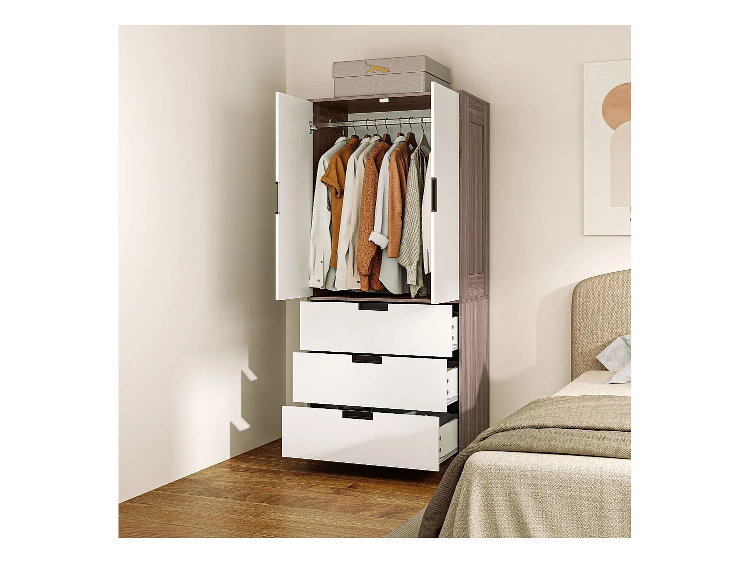 Armoire de chambre 2 portes - penderie, 3 tiroirs - 5 poignées modernes alliage alu - blanc effet bois