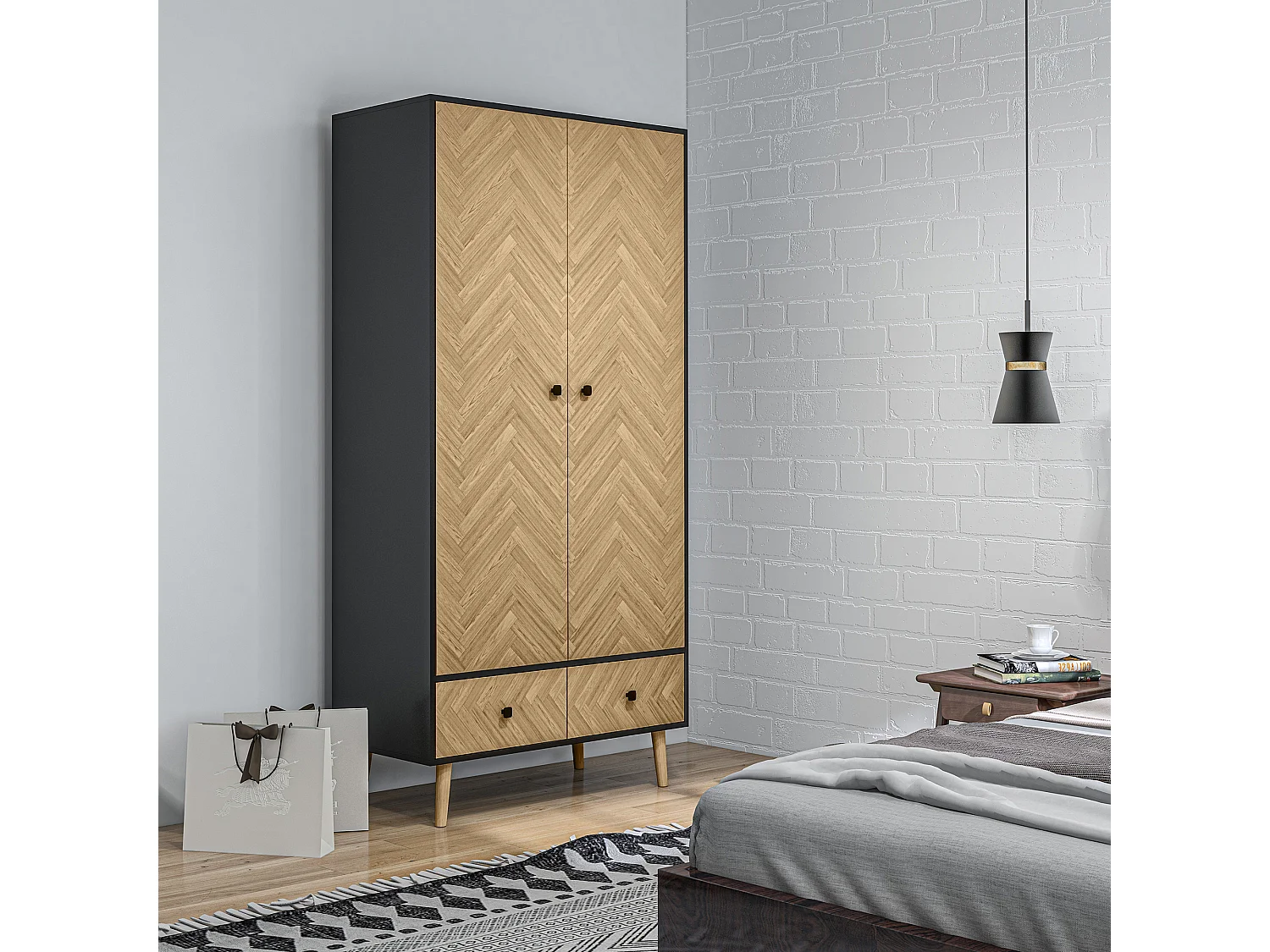 Armoire 2 portes 2 tiroirs design - 2 barres penderie, 2 niches - façades motif chevrons- gris foncé aspect bois clair