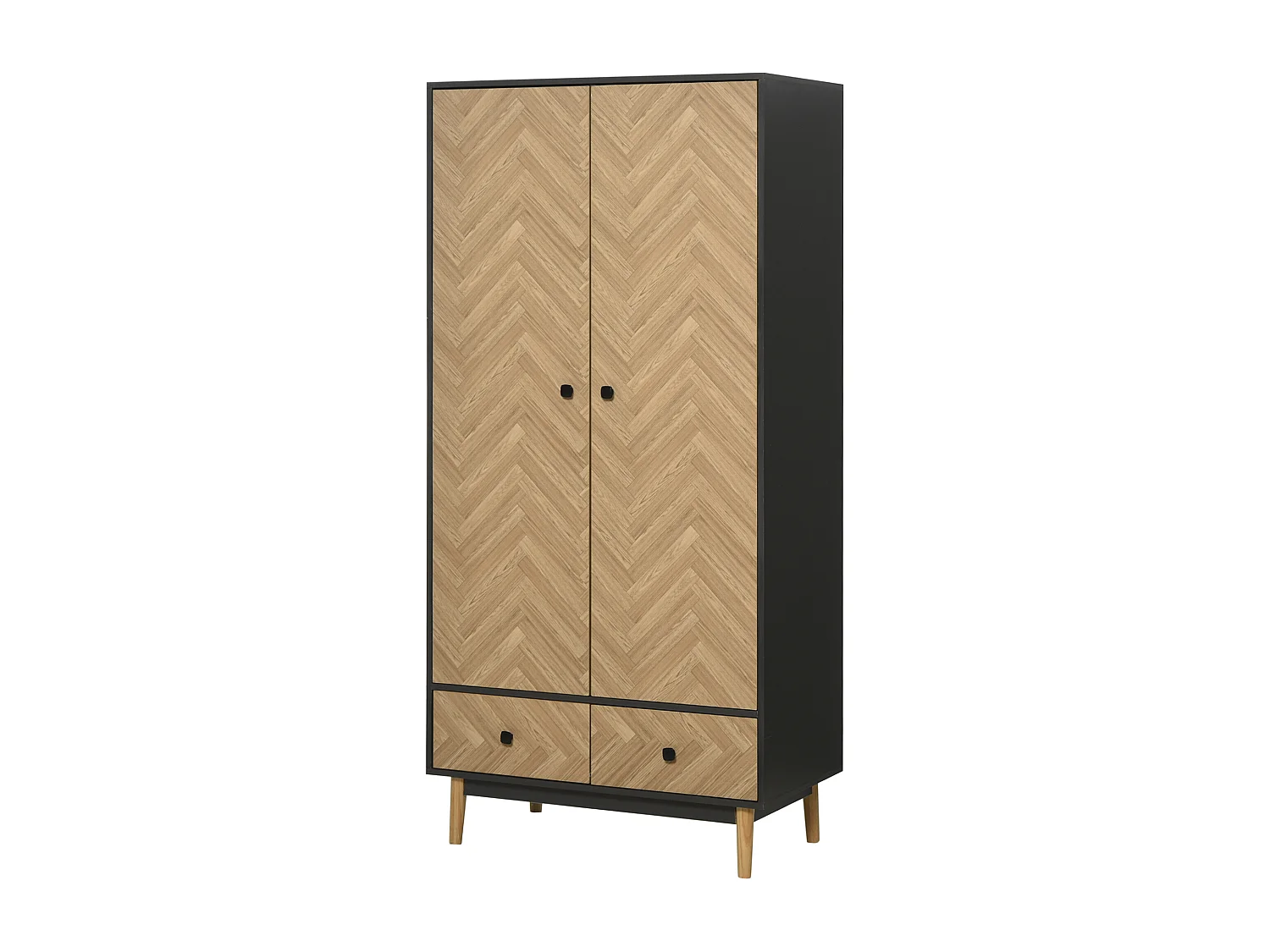 Armoire 2 portes 2 tiroirs design - 2 barres penderie, 2 niches - façades motif chevrons- gris foncé aspect bois clair
