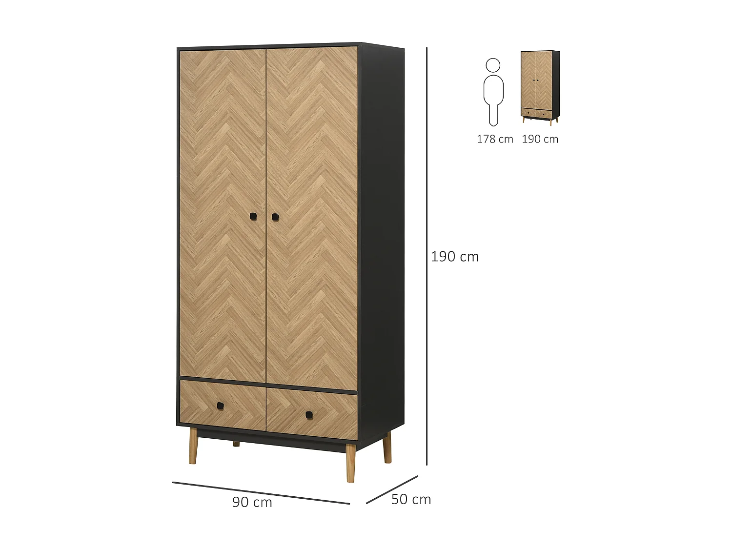 Armoire 2 portes 2 tiroirs design - 2 barres penderie, 2 niches - façades motif chevrons- gris foncé aspect bois clair