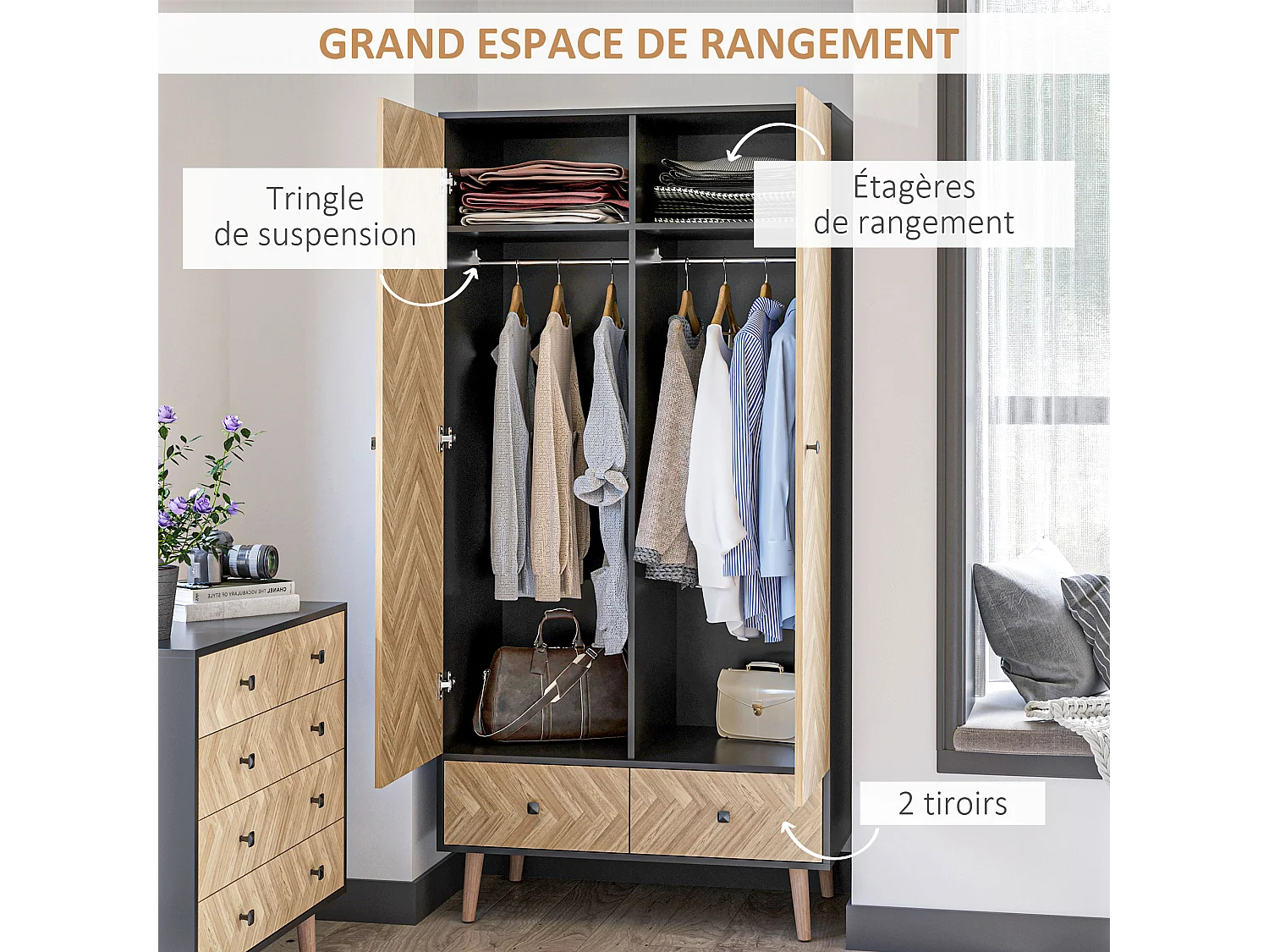 Armoire 2 portes 2 tiroirs design - 2 barres penderie, 2 niches - façades motif chevrons- gris foncé aspect bois clair
