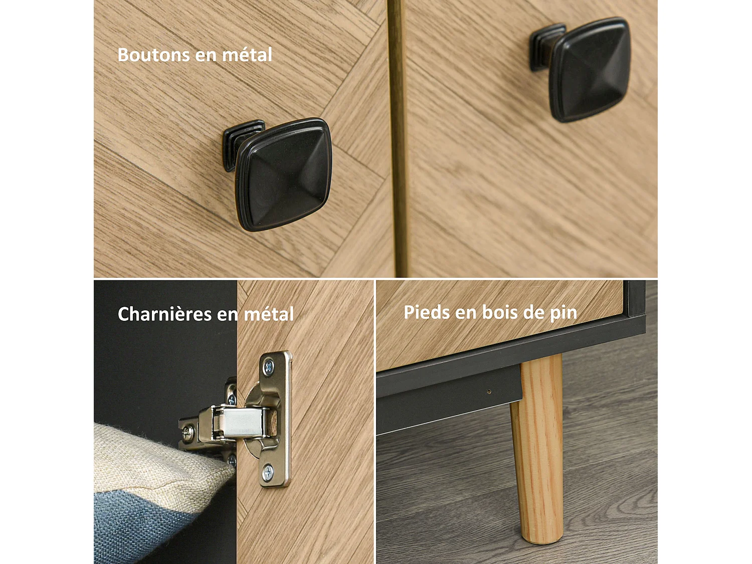 Armoire 2 portes 2 tiroirs design - 2 barres penderie, 2 niches - façades motif chevrons- gris foncé aspect bois clair