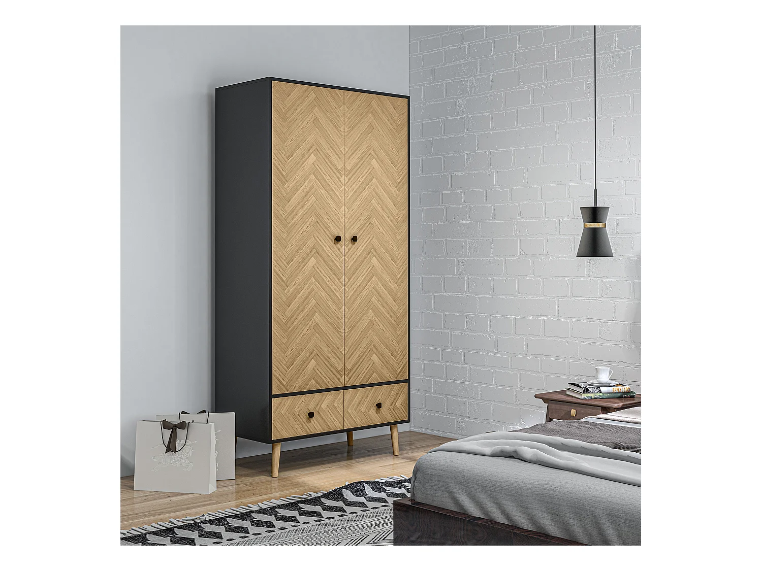 Armoire 2 portes 2 tiroirs design - 2 barres penderie, 2 niches - façades motif chevrons- gris foncé aspect bois clair