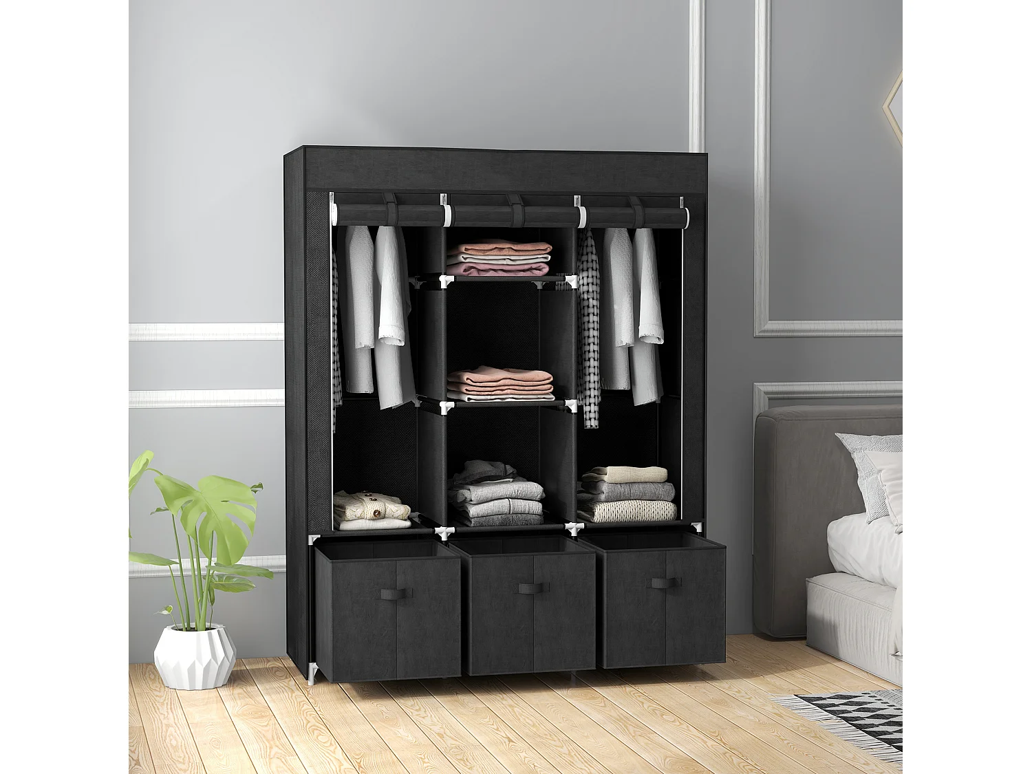 Armoire penderie pliable 5 étagères 2 tringles 3 tiroirs tissu noir