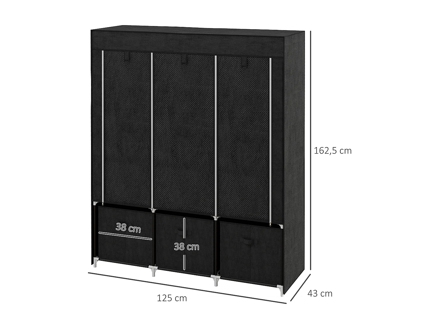 Armoire penderie pliable 5 étagères 2 tringles 3 tiroirs tissu noir