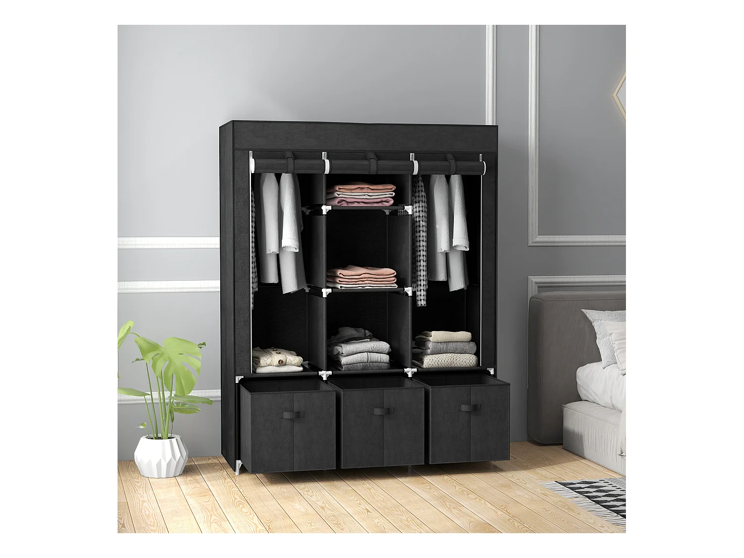 Armoire penderie pliable 5 étagères 2 tringles 3 tiroirs tissu noir