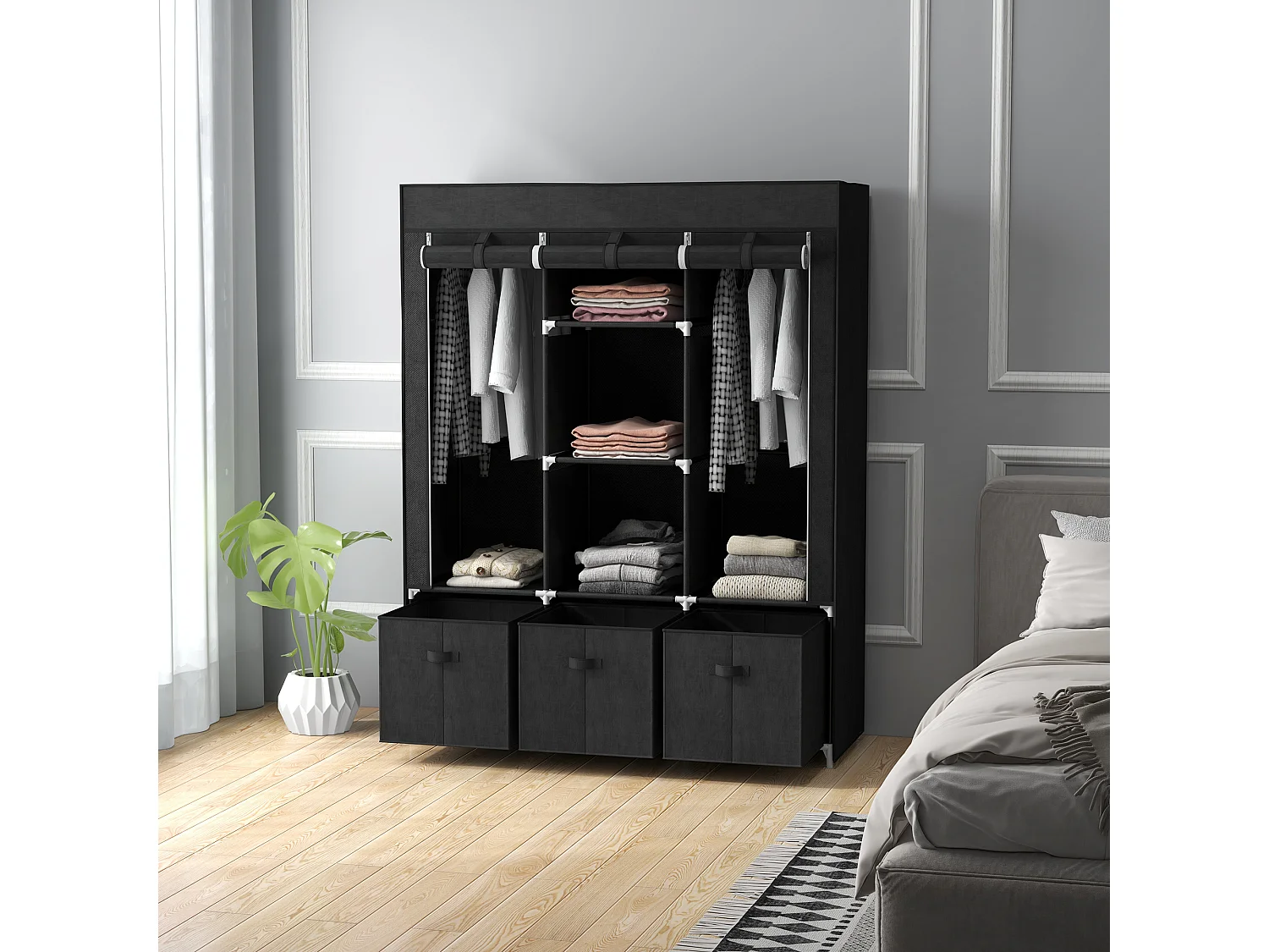 Armoire penderie pliable 5 étagères 2 tringles 3 tiroirs tissu noir