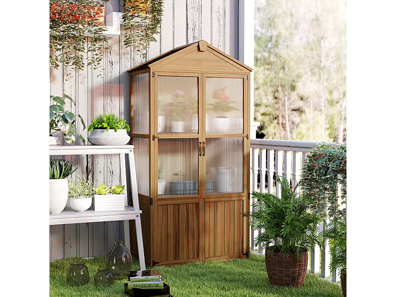 Armoire de jardin en bois - 2 portes, 2 étagères, toit bitumé - dim. 94 x 55 x 178 cm - sapin pré-huilé polycarbonate