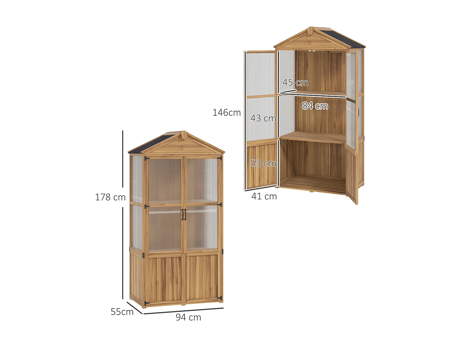 Armoire de jardin en bois - 2 portes, 2 étagères, toit bitumé - dim. 94 x 55 x 178 cm - sapin pré-huilé polycarbonate