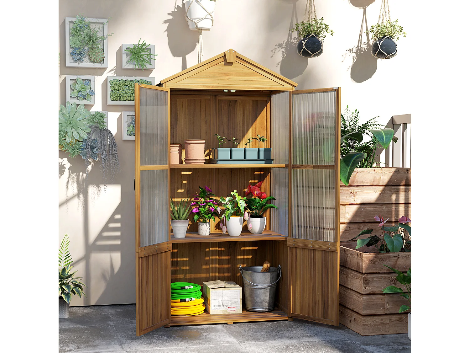 Armoire de jardin en bois - 2 portes, 2 étagères, toit bitumé - dim. 94 x 55 x 178 cm - sapin pré-huilé polycarbonate