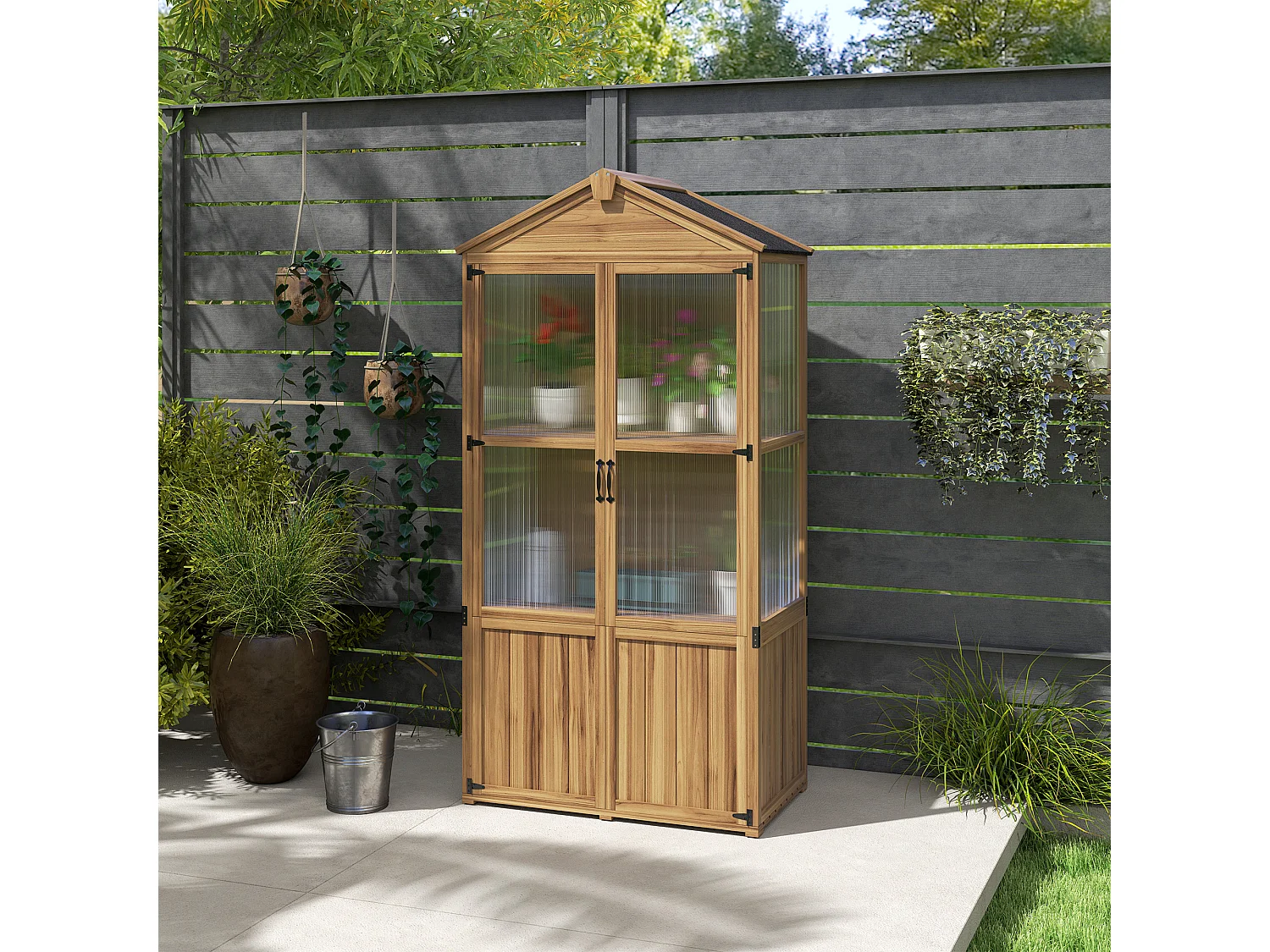 Armoire de jardin en bois - 2 portes, 2 étagères, toit bitumé - dim. 94 x 55 x 178 cm - sapin pré-huilé polycarbonate